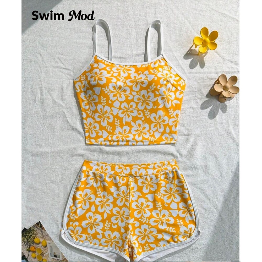 NWT Swim Mod Women's Swimwear Set, Ditsy Floral Yellow Spaghetti Strap Crop Top